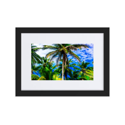 Vibrant oil paint effect panoramic view of majestic palm trees with blue sky and fluffy clouds in the background.