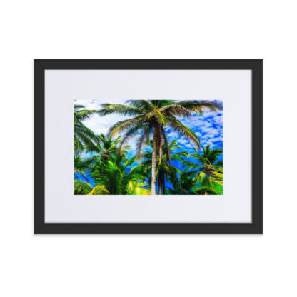 Vibrant oil paint effect panoramic view of majestic palm trees with blue sky and fluffy clouds in the background.