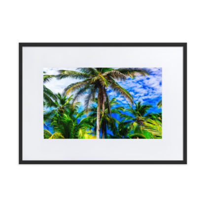 Vibrant oil paint effect panoramic view of majestic palm trees with blue sky and fluffy clouds in the background.