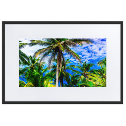 Vibrant oil paint effect panoramic view of majestic palm trees with blue sky and fluffy clouds in the background.