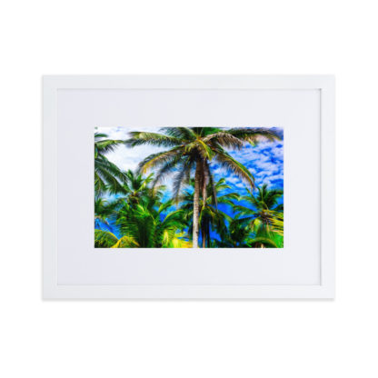 Vibrant oil paint effect panoramic view of majestic palm trees with blue sky and fluffy clouds in the background.