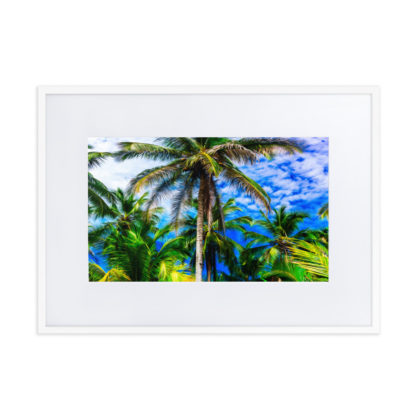 Vibrant oil paint effect panoramic view of majestic palm trees with blue sky and fluffy clouds in the background.