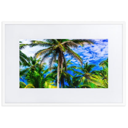 Vibrant oil paint effect panoramic view of majestic palm trees with blue sky and fluffy clouds in the background.