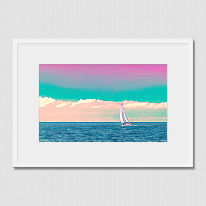 Sailboat cruising into the big blue sea with trippy sky colors during sailfest in Zihuantanejo, Mexico.