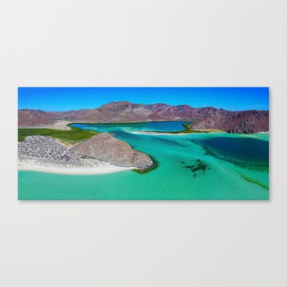 Balandra aerial panoramic of the beautiful white sand beaches and turquoise colored water near the entrance to La Paz, Mexico.