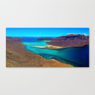 Aerial panoramic of El Portico, the waterway gap between Caleta Partida and Espiritu Santo, Mexico.