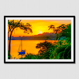 Iconic golden sunset and sailboat with oil paint effect in the calm Dolphin Bay, Bocas Del Toro, Panama