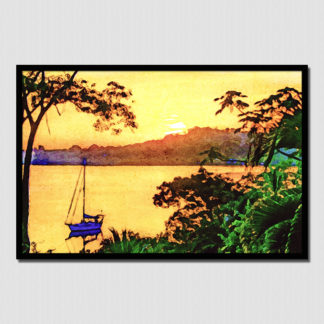 Iconic golden sunset and sailboat with watercolor effect in the calm Dolphin Bay, Bocas Del Toro, Panama