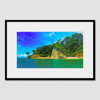 Vibrant jungle scene of paradise cove beach with oil paint effect on Escudo Island, Panama