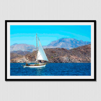 Classic white sailboat with oil paint sketch poster effect cruising along the desert coast of Baja, Mexico