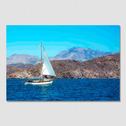 Classic white sailboat with oil paint sketch poster effect cruising along the desert coast of Baja, Mexico