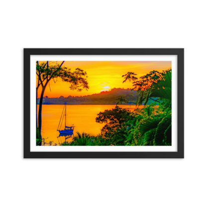 Golden Sunset Sailboat In Dolphin Bay, Oil Paint - Framed Print With Faux Mat - Image 2