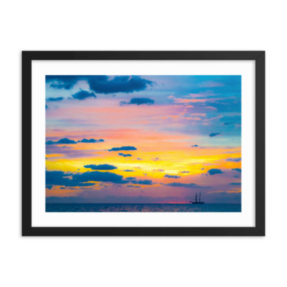 Distant Schooner with Colorful Sky, Oil Paint - Framed Print With Faux Mat - Image 3