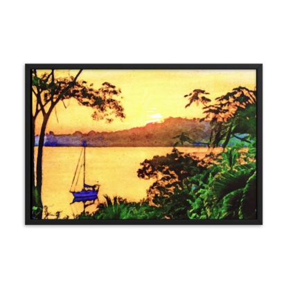 Golden Sunset Sailboat In Dolphin Bay, Watercolor - Framed Poster - Image 2