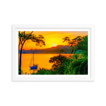 Golden Sunset Sailboat In Dolphin Bay, Oil Paint - Framed Print With Faux Mat - Image 3