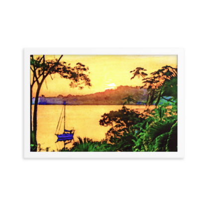 Golden Sunset Sailboat In Dolphin Bay, Watercolor - Framed Poster - Image 3