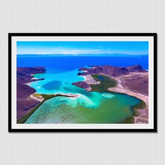 High elevation aerial photo of the amazing and scenic beach cove of Balandra, La Paz, Baja, Mexico