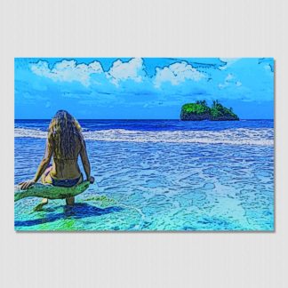 Beach girl meditating on the seascape and distant island. Outline sketch effect with gradient blue tones.