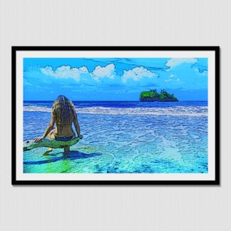 Beach girl meditating on the seascape and distant island. Outline sketch effect with gradient blue tones.