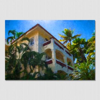 Abstract painting of a typical villa surrounded by beautiful palm trees near the waters edge at Barra De Navidad, Mexico