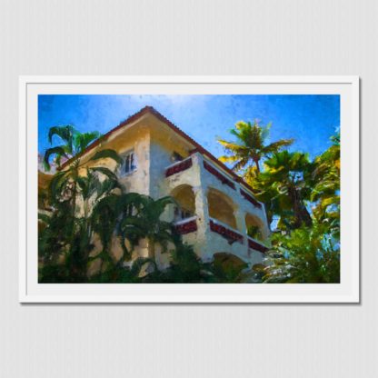 Abstract painting of a typical villa surrounded by beautiful palm trees near the waters edge at Barra De Navidad, Mexico