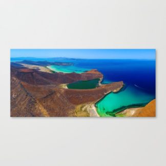 An amazing aerial panoramic view of the diverse seascape and landscape of Isla Espiritu Santo, Baja, Mexico