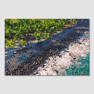 Aerial shot of palm trees and tiki hut on a rocky shoreline at Gatos Point in Zihuatanejo, Mexico. Extra trippy visual effects comprising of oil paint saturations and outline enhancements.