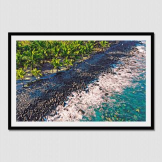 Aerial shot of palm trees and tiki hut on a rocky shoreline at Gatos Point in Zihuatanejo, Mexico. Extra trippy visual effects comprising of oil paint saturations and outline enhancements.