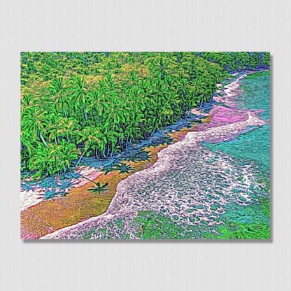 Aerial shot of palm trees and waves foaming on a deserted jungle beach at Coiba Park Island, Panama. Highly vibrant visual effects comprising of oil paint saturations and outline enhancements.