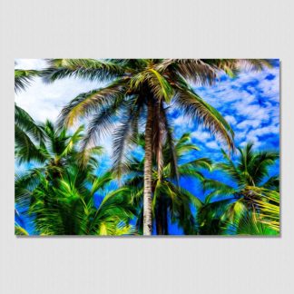 Vibrant oil paint effect panoramic view of majestic palm trees with blue sky and fluffy clouds in the background. Location of photo is Bocas Del Toro, Panama.