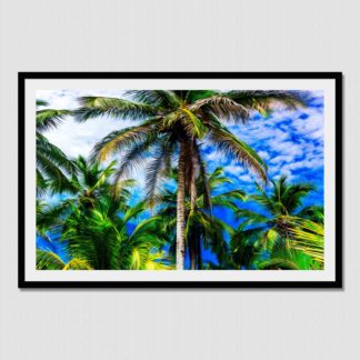 Vibrant oil paint effect panoramic view of majestic palm trees with blue sky and fluffy clouds in the background. Location of photo is Bocas Del Toro, Panama.