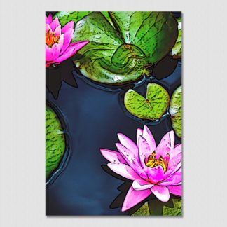 Pink water lily with detailed lily pads sitting in a calm pools of water, with pencil sketch effect.