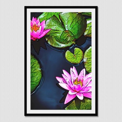 Pink water lily with detailed lily pads sitting in a calm pools of water, with pencil sketch effect.