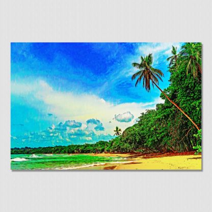 Surreal beach and palm trees of a surf beach in Puerto Viejo, Costa Rica. A real photo that was transformed into a striking painting with many color tones for your visual pleasure.