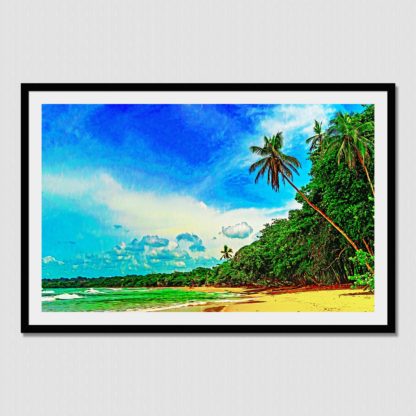 Surreal beach and palm trees of a surf beach in Puerto Viejo, Costa Rica. A real photo that was transformed into a striking painting with many color tones for your visual pleasure.