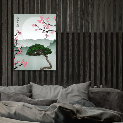 Add a piece of cultural art to your wall with this beautiful Japanese Bonsai Tree with Cherry Blossom Graphic Woodblock Art design!