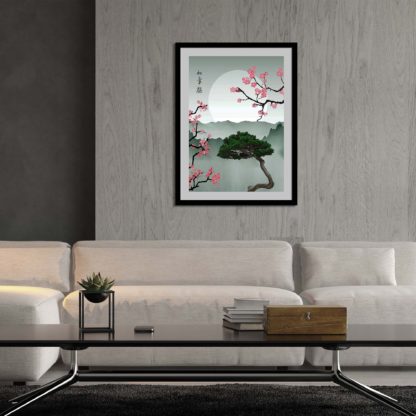 Add a piece of cultural art to your wall with this beautiful Japanese Bonsai Tree with Cherry Blossom Graphic Woodblock Art design!