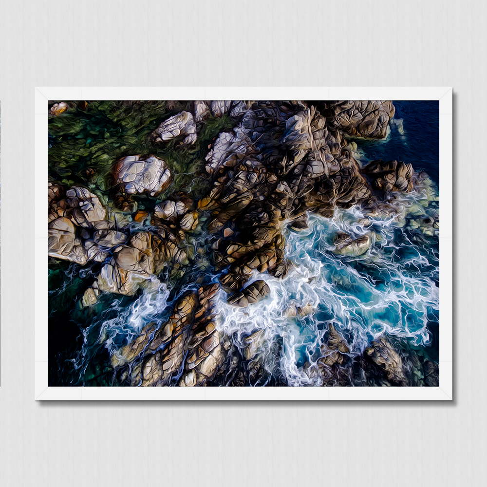 Oil painting of ocean waves crashing on unique rock formations