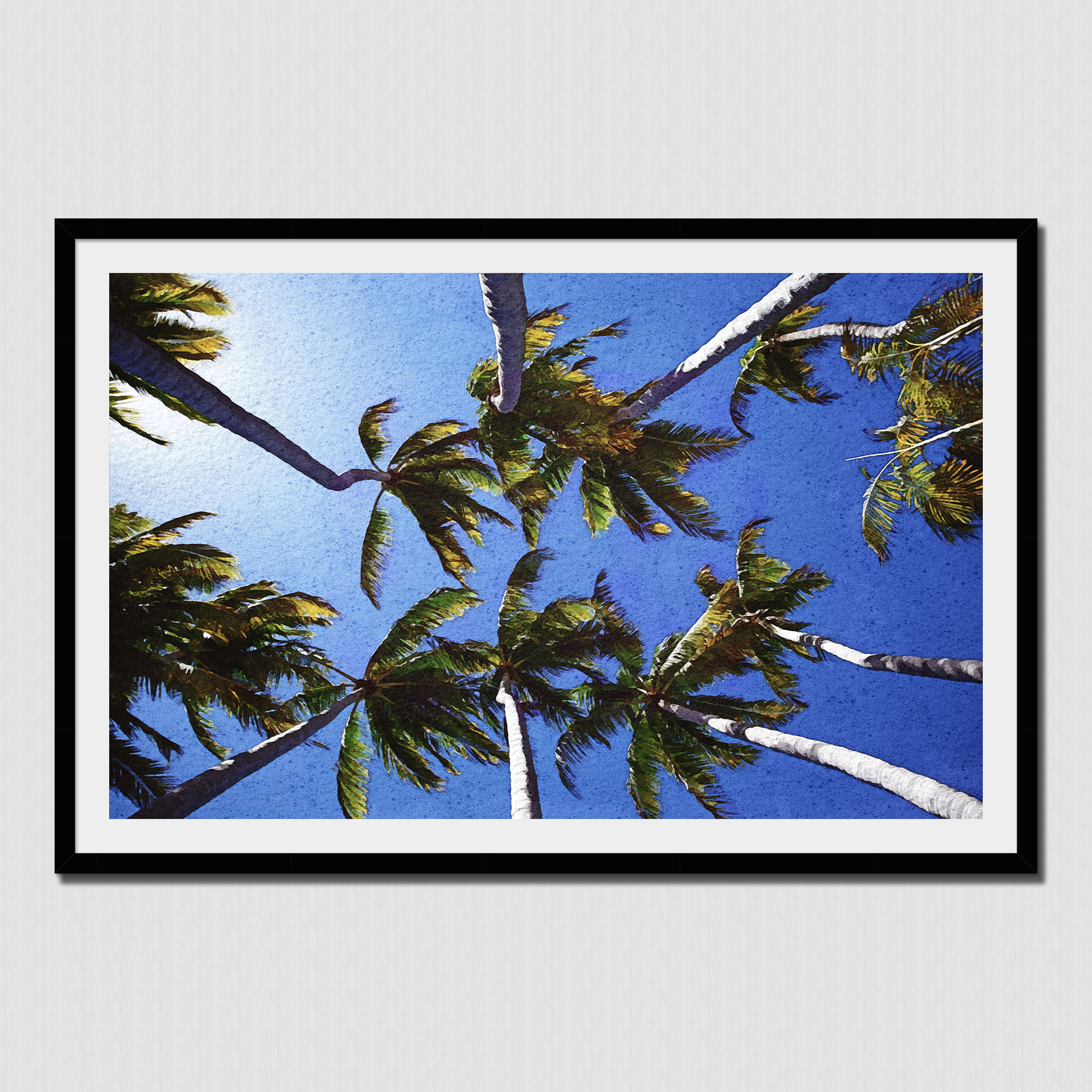View of palm trees from above with watercolor effect created at Barra De Navidad, Pacific Mexico